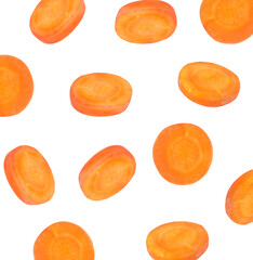 Round carrot slices in air on white background