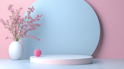 Modern minimalist display with pastel background and decorative elements on a circular podium
