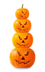 Stack of pumpkins with carved spooky faces on white background. Halloween jack-o-lanterns of different sizes