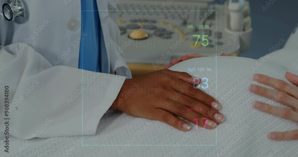 Poster Animation of cardiographs over biracial female doctor examining her pregnant patient