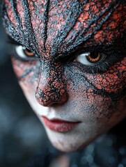Striking close-up portrait of a person with intricate makeup