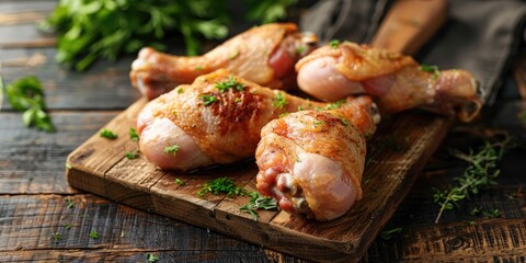 Chicken leg quarter on a traditional wooden chopping board