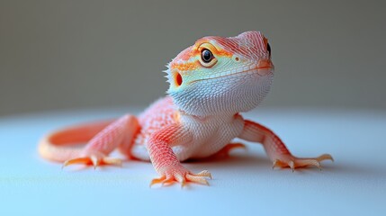 Fototapeta premium A baby bearded dragon lizard, sitting on a white surface, with its tail curled around its body.