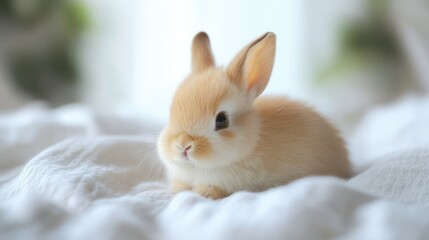 A baby bunny with soft fur, sitting quietly on a white background.
