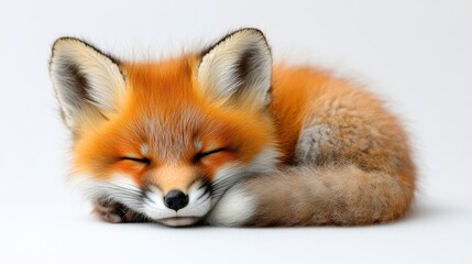 A baby fox, with soft red fur, curled up and sleeping on a white background.