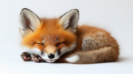 A baby fox, with soft red fur, curled up and sleeping on a white background.