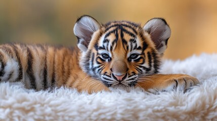 Obraz premium A baby tiger cub with vibrant orange and black stripes, lying down on a white background.