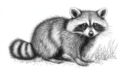 A black-and-white ink drawing of a raccoon with its tail curled around its body, on a white background.