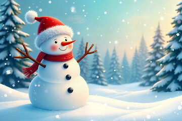 Obraz premium Snowman standing in the middle of a snowy landscape, surrounded by pine trees and falling snowflakes.