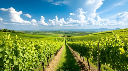Naklejka premium Expansive Vineyards Stretching into the Distance Under a Serene Blue Sky