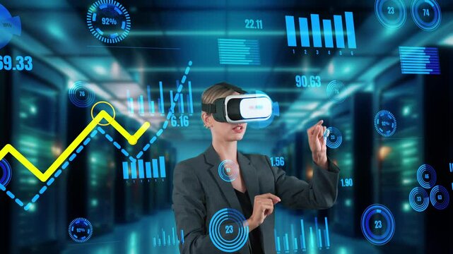 Businesswoman selecting digit dynamic market data scattering graph analysis monitor VR future global innovation interface digital infographic network technology visual hologram animation. Contraption.