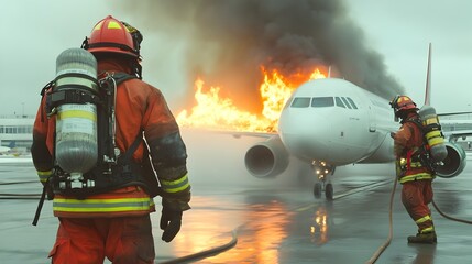 Firefighters Battling Fuel Fire During Airport Emergency Response Drill