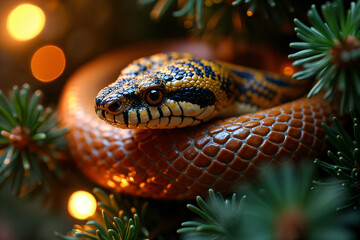 Fototapeta premium Close-up of a snake, specifically a python, coiled up on a branch with pine needles.