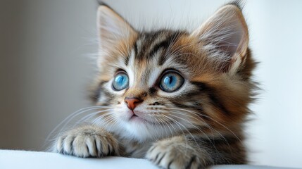 Fototapeta premium A close-up of a fluffy baby kitten sitting on a white background, with bright, curious eyes.