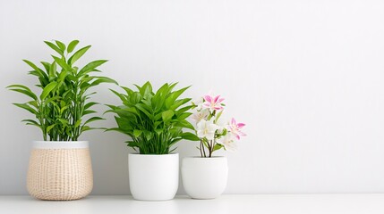 Fototapeta premium A serene display of green indoor plants in stylish pots against a minimalistic white background.
