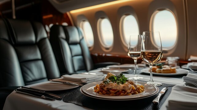 A luxurious dining experience on a private jet featuring gourmet food and elegant decor.