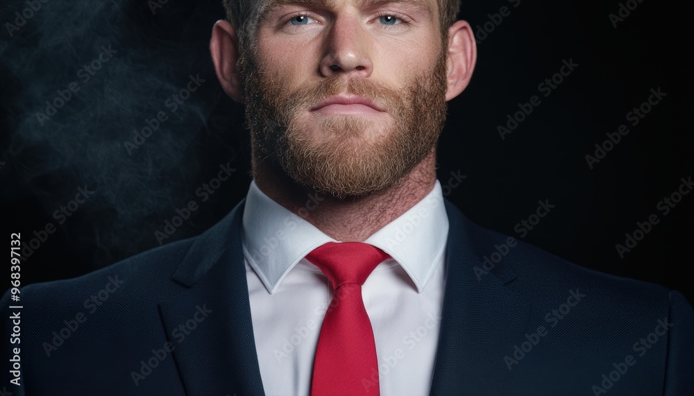 Poster Serious businessman with beard wearing suit and red tie