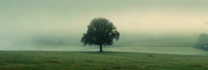 A lone slender tree emerges in a foggy morning scene with a lush green field in the background.