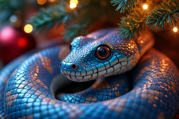 Fototapeta premium Blue snake with red eyes coiled around a Christmas tree branch, set against a festive background.