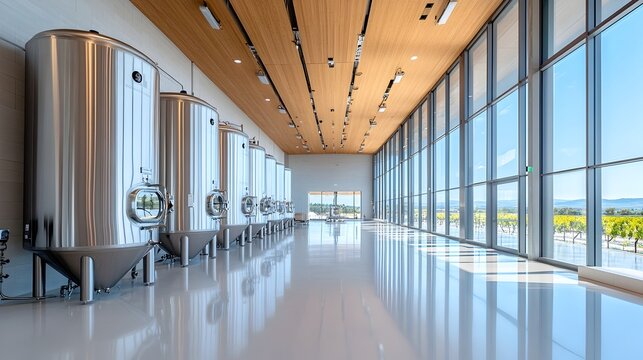 Gleaming Stainless Steel Fermentation Tanks in a Modern Winery Facility