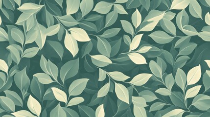 Seamless pattern of overlapping leaves in soft, muted green tones, creating a nature-inspired background.