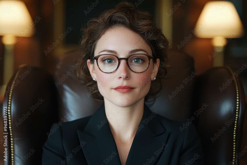 Poster confident businesswoman in glasses and black suit