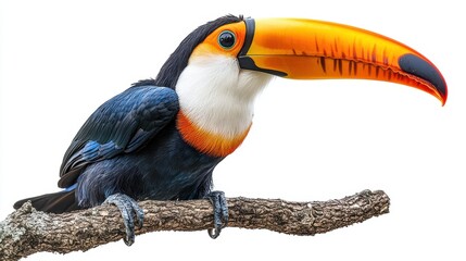 Fototapeta premium A colorful toucan with a large beak, perched on a branch, isolated on white.