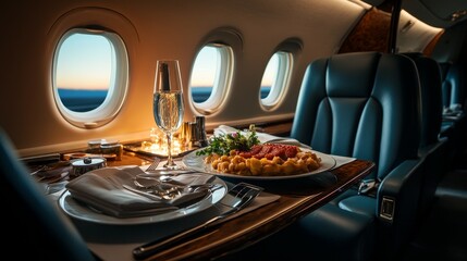 A luxurious meal served on a private jet with elegant table settings and scenic windows.