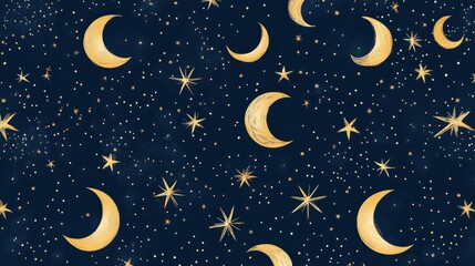 Fototapeta premium Seamless pattern of repeating stars and moons in dark blue and gold tones, creating a celestial design.
