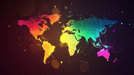 Fototapeta premium Vibrant Global Diversity - Illuminated World Map with Colorful Continents in Golden Hour Light