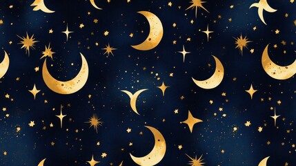 Naklejka premium Seamless pattern of repeating stars and moons in dark blue and gold tones, creating a celestial design.
