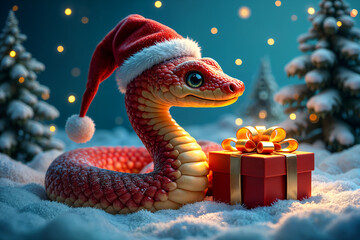 Fototapeta premium Cartoon snake with a red Santa hat, sitting on snow with a gift box next to it.