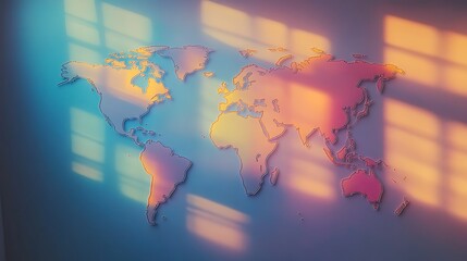 Obraz premium Morning Glow on Pastel World Map - Aerial View of Earth Map in Soft Colors Lit by Sunrise in Room