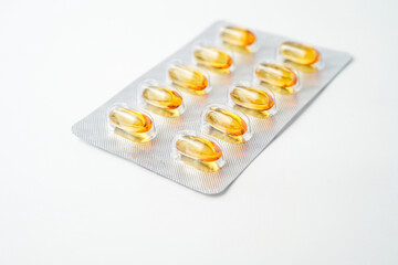 Oil filled blister pack capsules, softgel of food supplements, fish oil, omega 3, vitamin DHA