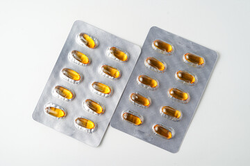 Oil filled blister pack capsules, softgel of food supplements, fish oil, omega 3, vitamin DHA