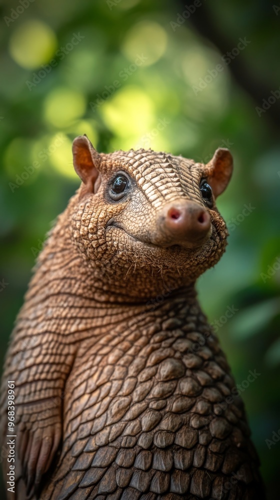 Poster cute armadillo in natural setting with green bokeh background