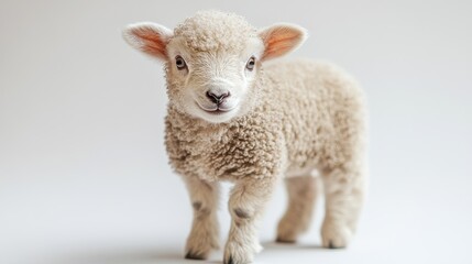 Fototapeta premium A newborn lamb, with its wooly coat, standing on a white background, looking directly at the camera.