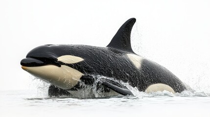 A powerful orca swimming, with its dorsal fin cutting through the water, isolated on a white background.