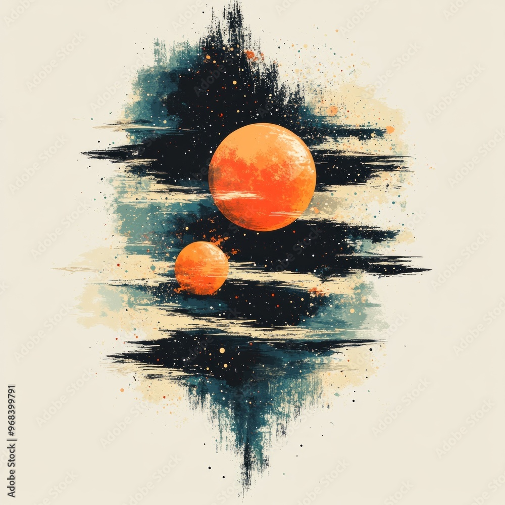 Canvas Prints A vibrant cosmic scene featuring two orange planets amidst a colorful, abstract background.