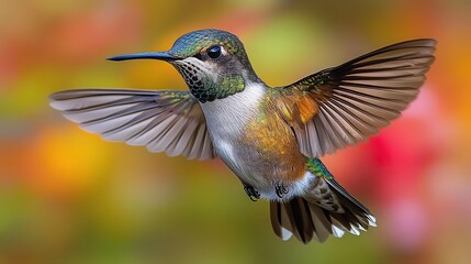 Fototapeta premium A small hummingbird with iridescent green feathers, hovering in front of a white background.