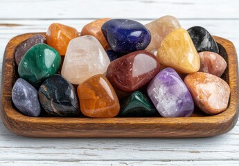 Assortment of colorful natural gemstones on wooden tray