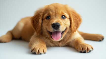 A small, playful puppy with its tongue out, isolated on a pure white background.