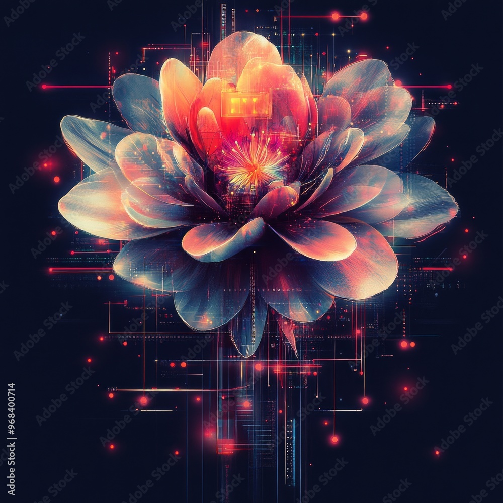 Poster A vibrant digital flower design with abstract elements and glowing effects.