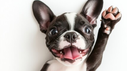Fototapeta premium Playful Boston Terrier Puppy Lying on Back with Wide Eyes and Tongue Out on White Background