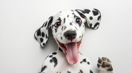 Playful Dalmatian Puppy with Funny Expression Lying on its Back on White Background