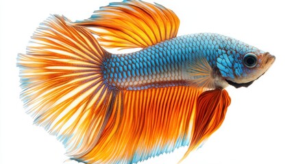 Fototapeta premium A vibrant betta fish with flowing fins, isolated on a white background.