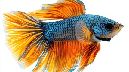 Fototapeta premium A vibrant betta fish with flowing fins, isolated on a white background.