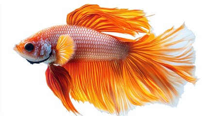 Fototapeta premium A vibrant betta fish with flowing fins, isolated on a white background.