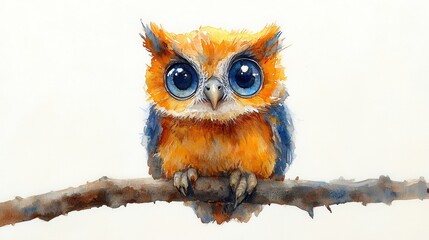 Fototapeta premium A watercolor of a baby owl with large, expressive eyes, perched on a branch against a white background.