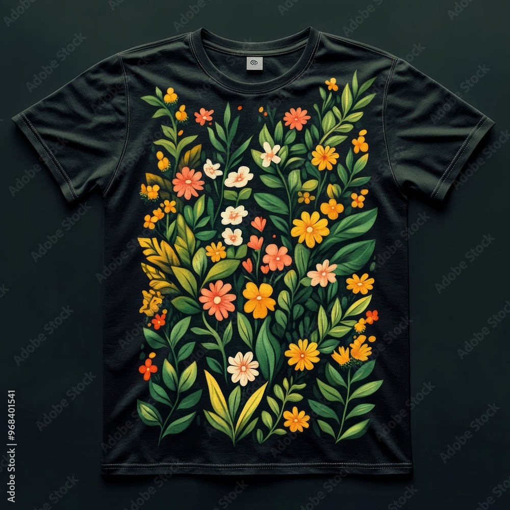 Canvas Prints A vibrant floral design on a black t-shirt showcasing various colorful flowers and leaves.